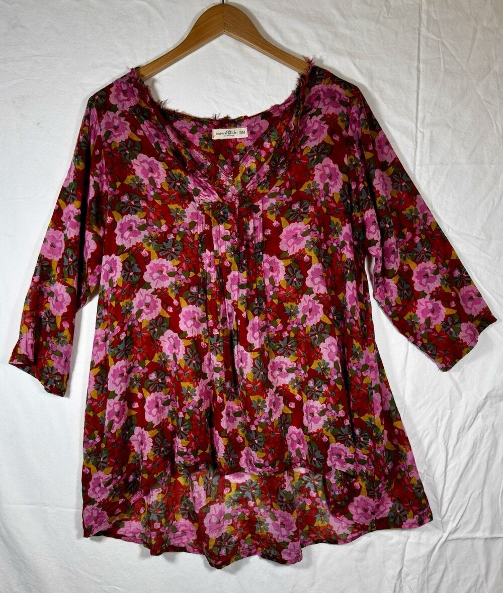 Natural Life Floral Print Tunic Top S/M Red Pink V-neck Boho Oversized Cotton